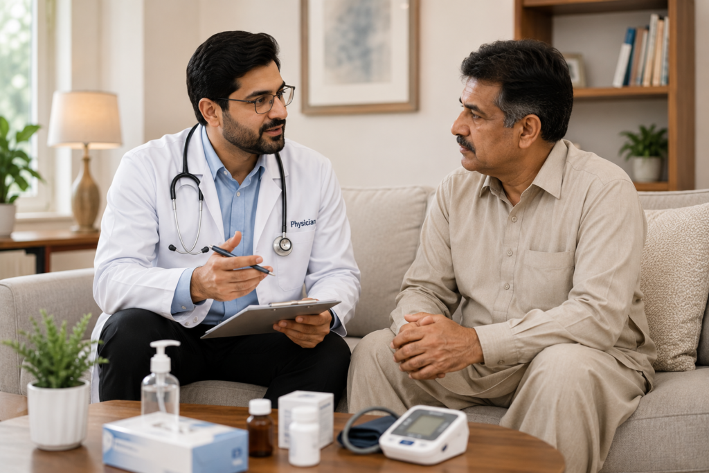doctor at home checking patient